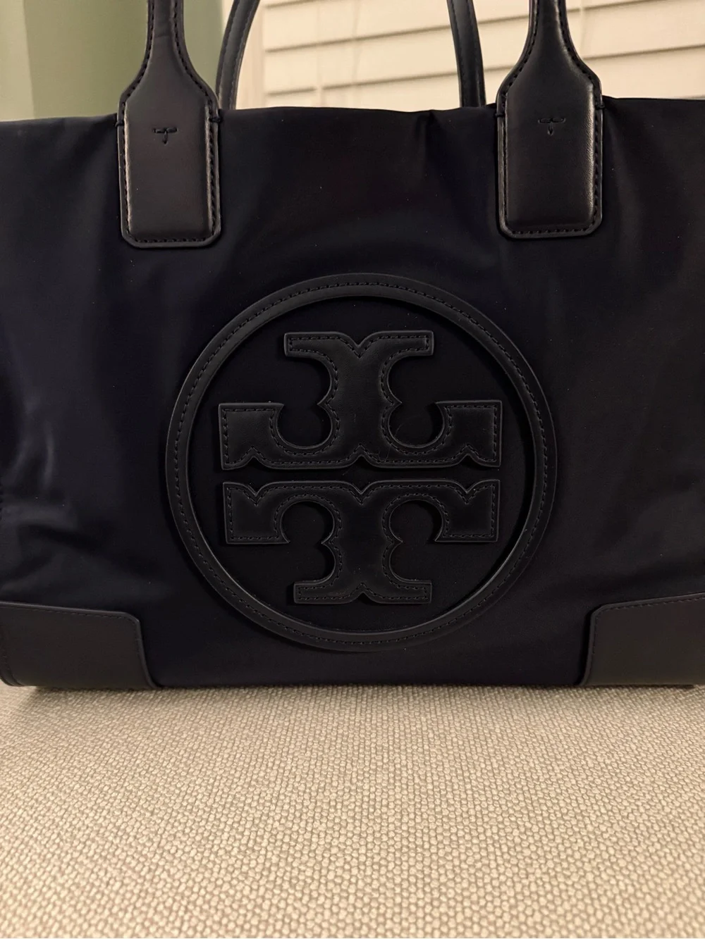 Tory Burch Small Navy Ella Tote with Leather Trim